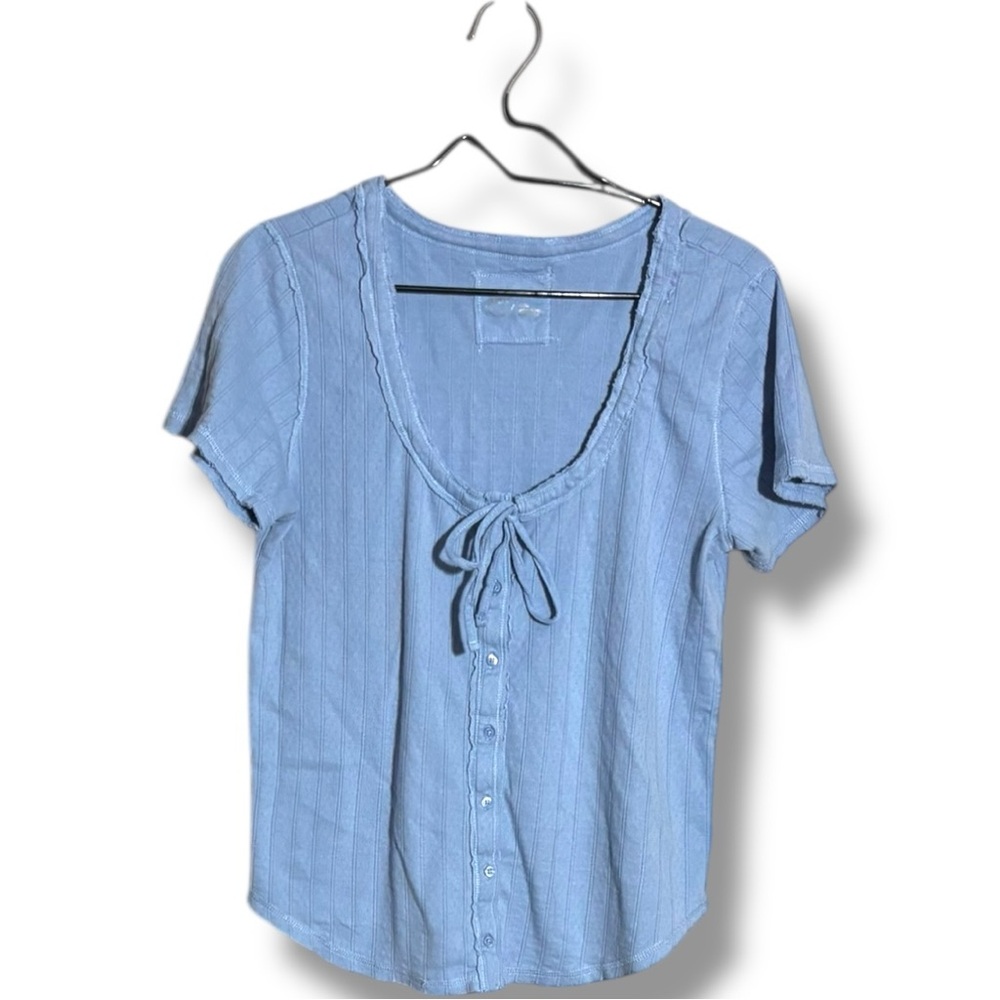 Aerie Light Blue Soft Cotton Button-Down Tie Front Short Sleeved Blouse - Picture 12 of 15